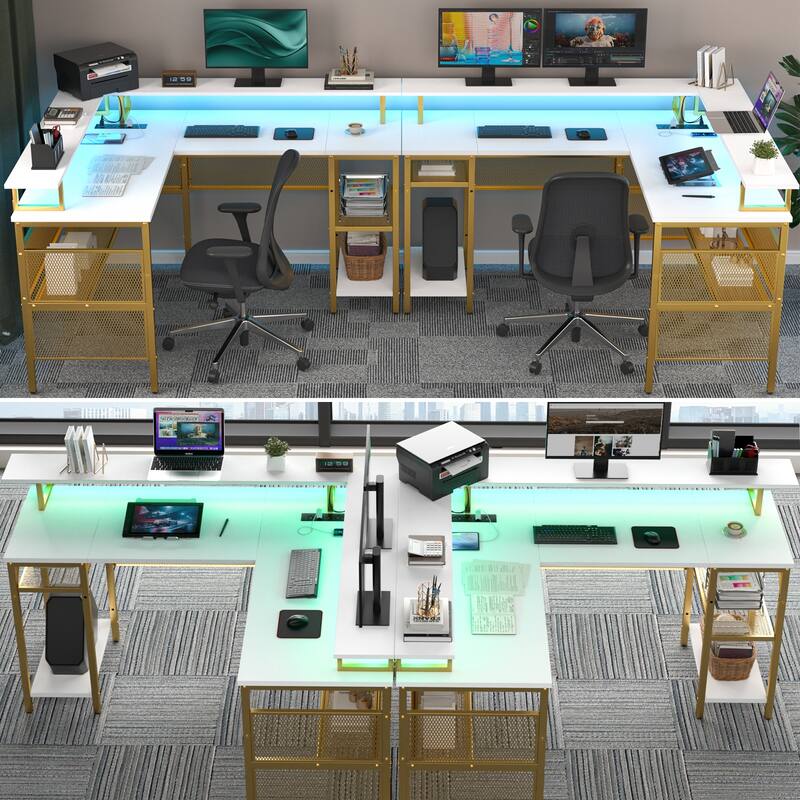 L Shape Computer Desk Reversible Gaming Desk with Charge Station and LED Light