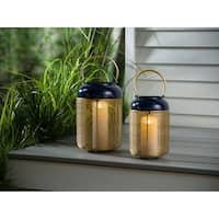 Evergreen Garden Outdoor Decor 8.5H Battery Operated Twinkling Light Bulb Lantern, Black with Brushed Gold, Set of 2
