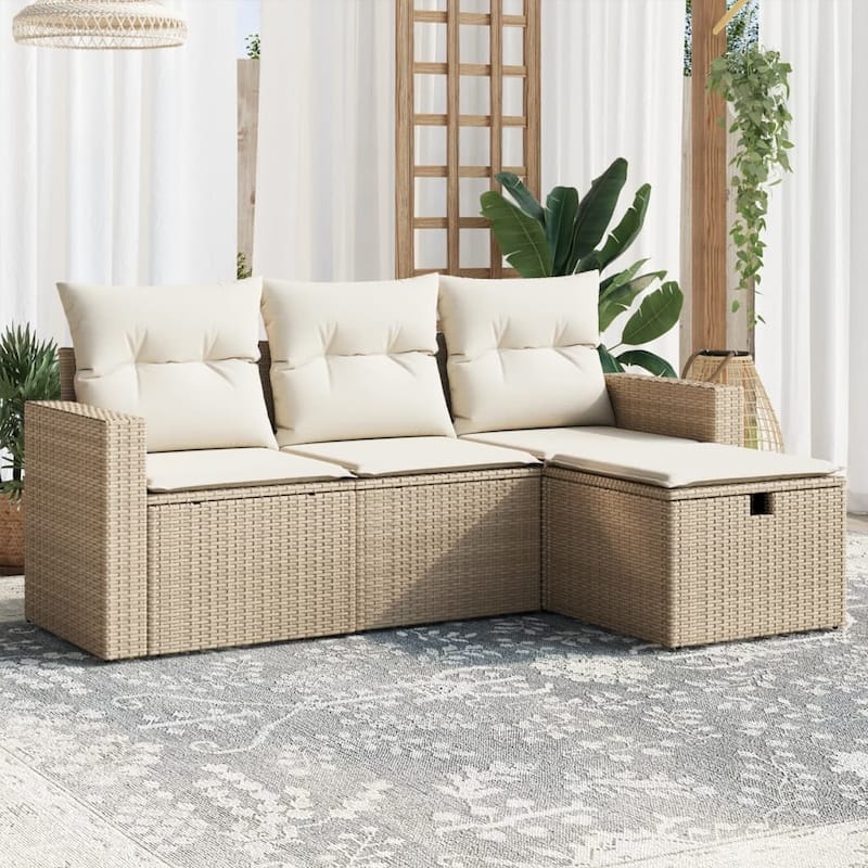 vidaXL Patio Sofa Set with Cushions Outdoor Furniture 4 Piece Poly Rattan - Beige and cream 3-Seater