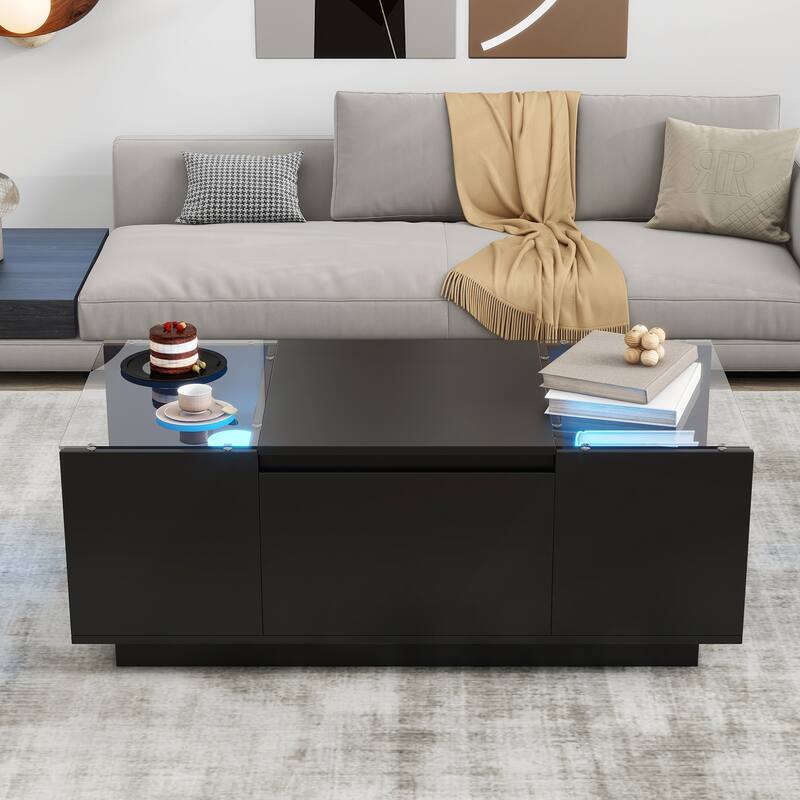 Modern Center Table with High-Gloss Finish and Glass Tabletop - Black
