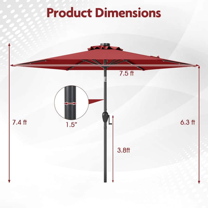 Costway 7.5 ft Solar Powered Patio Umbrella with LED Lights Push