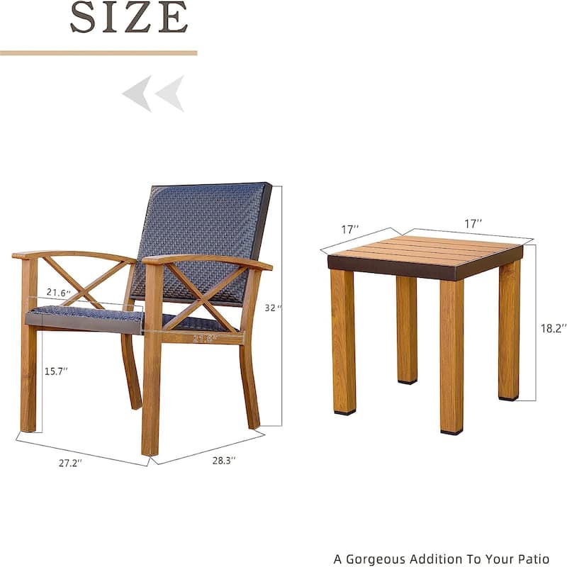 Patio Bistro Set 3 Pieces with Wicker Padded Porch Chairs, Coffee Table, Outdoor Conversation Set with Pillows