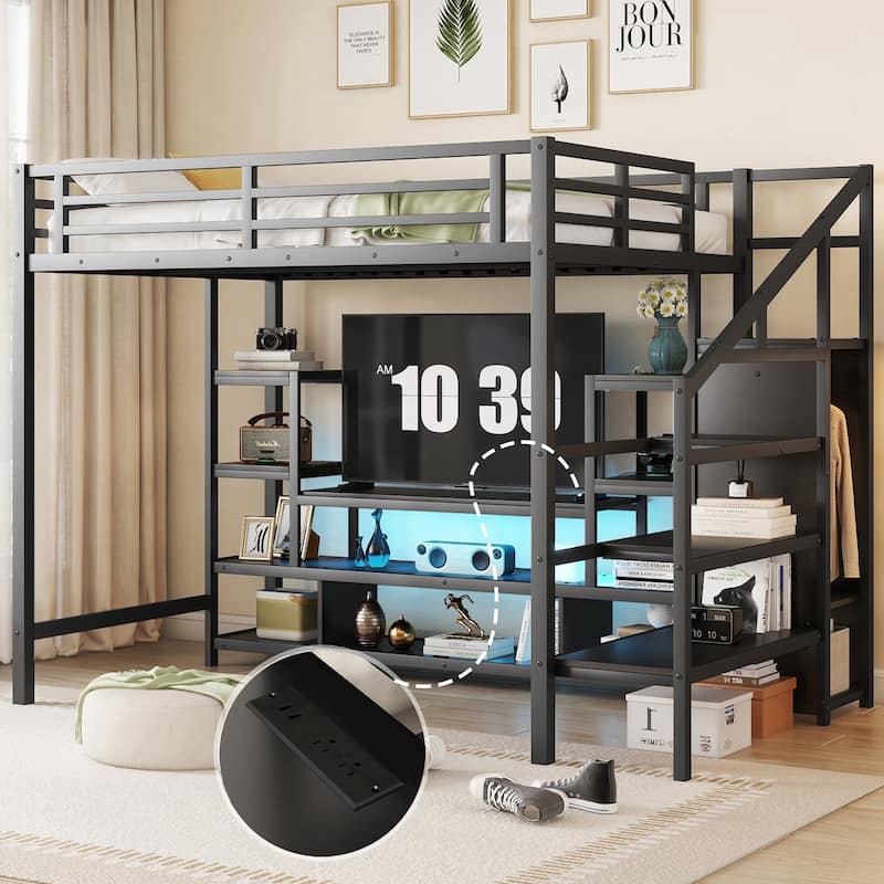 Full Size High Metal Loft Bed Frame with Entertainment TV Stand, Shelves, LED Light Strip, Charging Station, Staircase Wardrobe - Black - Full