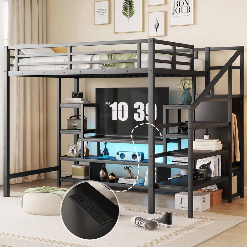 Full Size Metal High Loft Bed Frame with TV Stand & LED, Staircase, Wardrobe and Safety Guardrails
