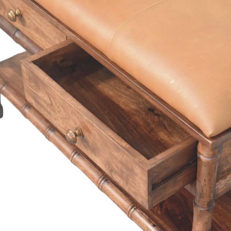 Solid Wood Rattan Curve Edge Nightstand,2-Drawers,1-Shelf