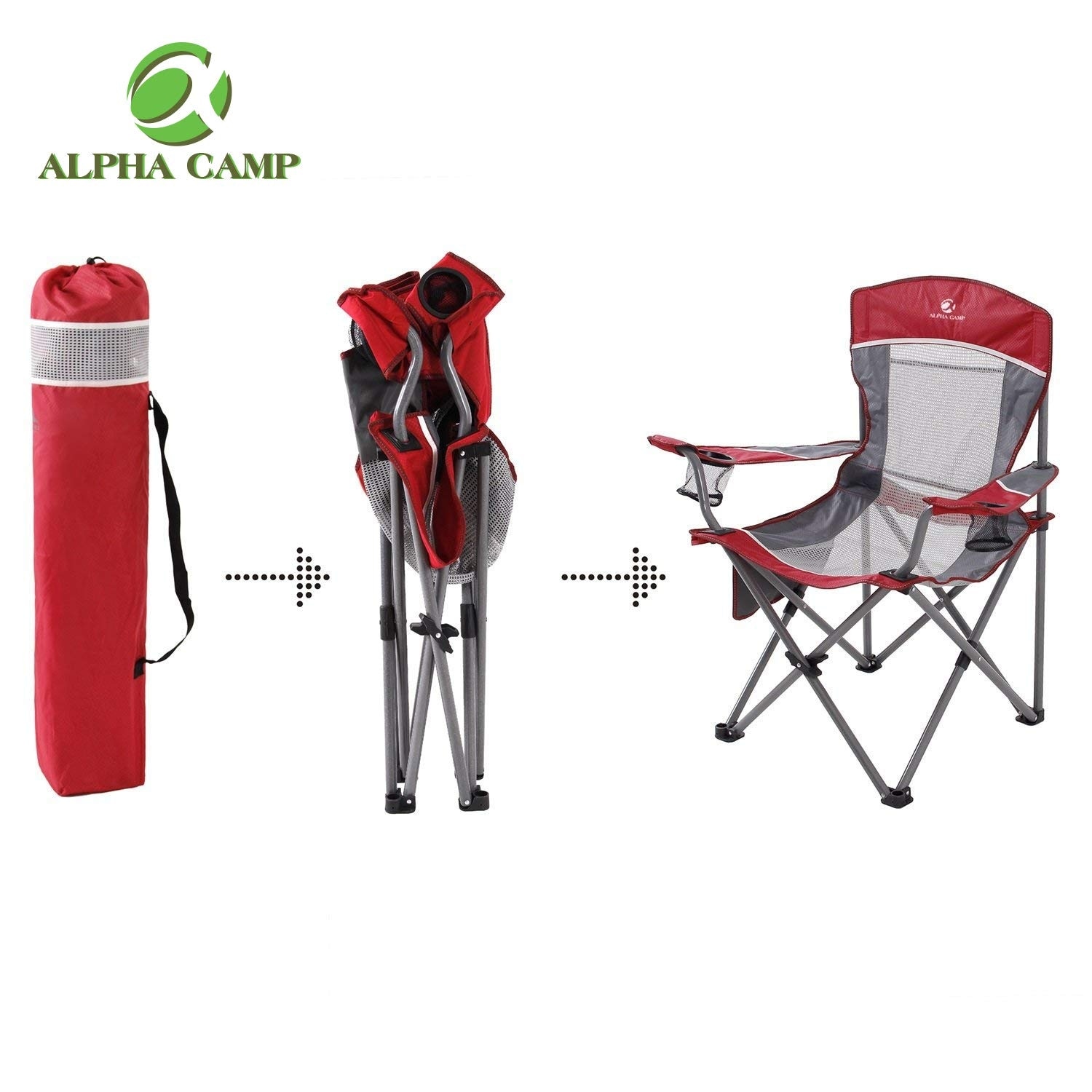 ALPHA CAMP Oversized Mesh Back Camping Folding Chair Heavy Duty Support 350 LBS Collapsible Steel Frame - Black Grey