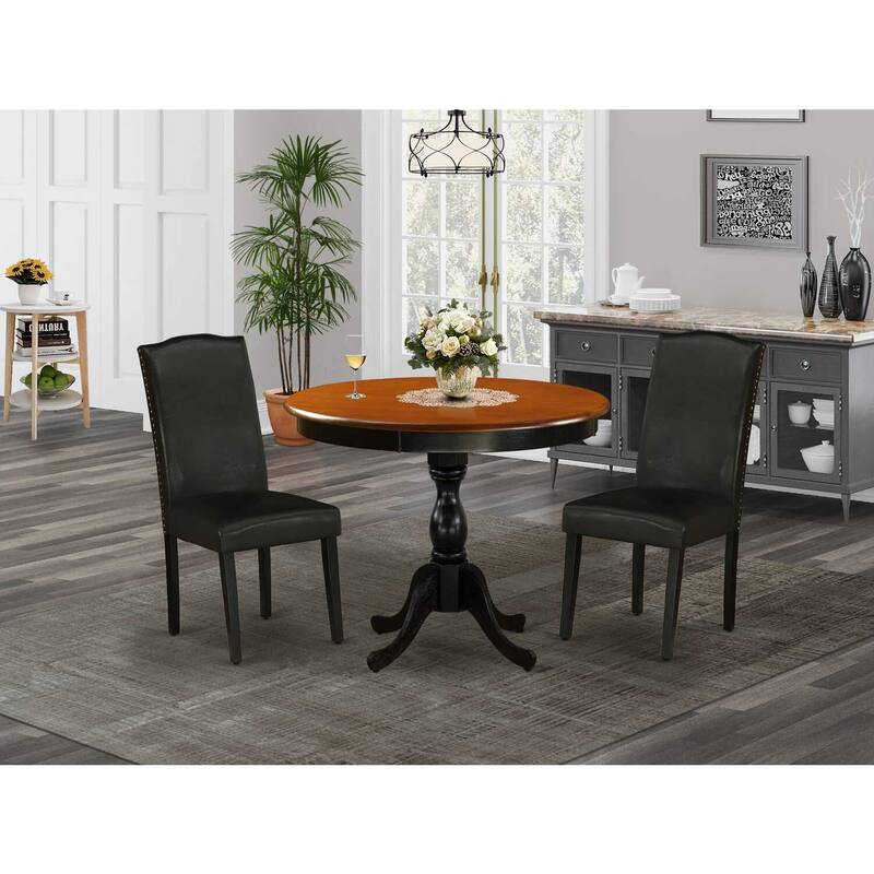 3-Piece Black and Cherry Finish Solid Wood Top - Dining Room Set with High Back - Seats-4