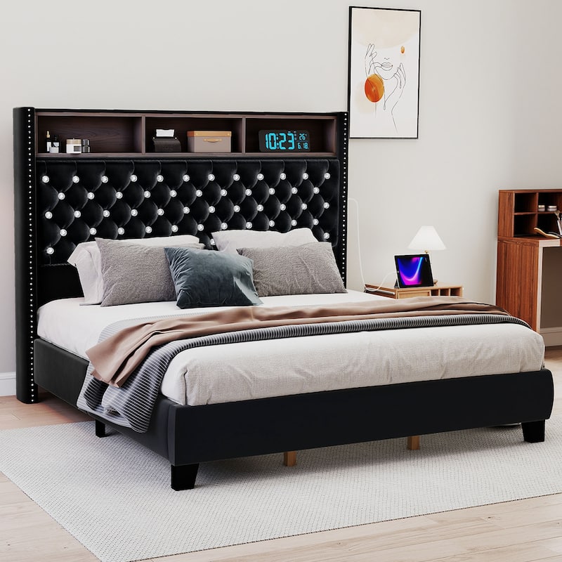 Moasis King Size Velvet Upholstered Bed Frame with Storage Headboard with USB Charging Stations