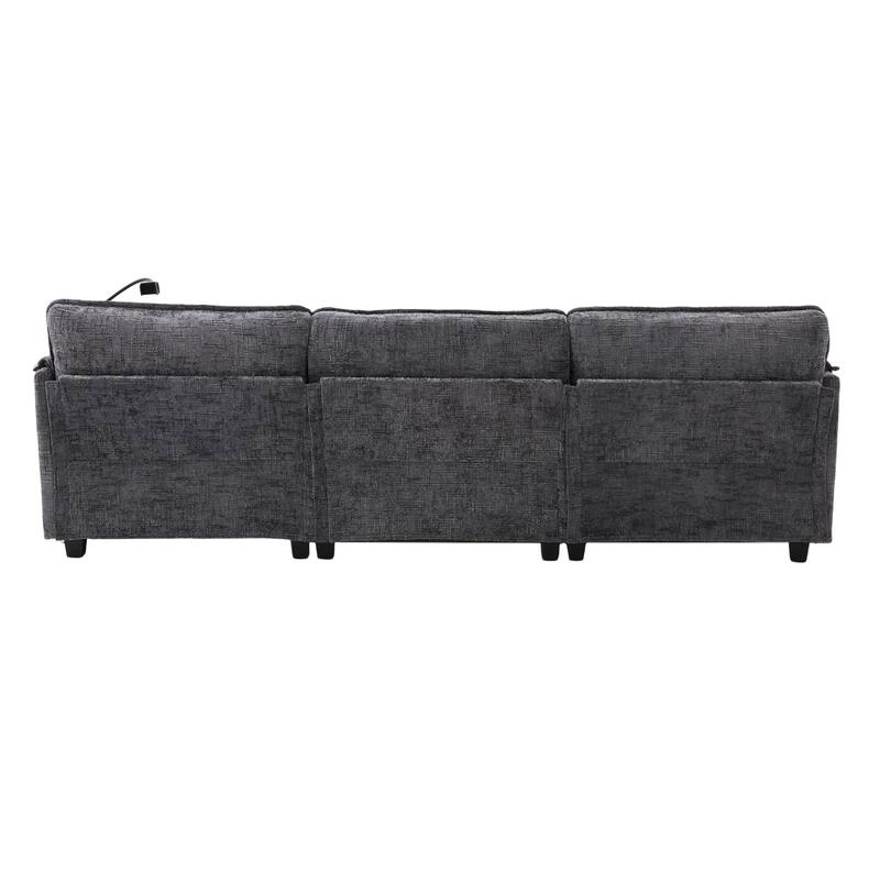 Modern Chenille Chaise Couch L-shaped Sectional Sofa with Storage Ottoman, Phone Holder, USB/Type-C Ports and Side Pockets