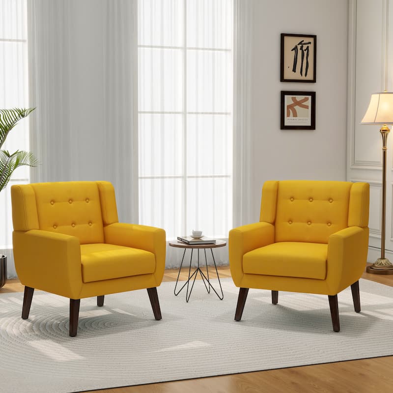 Set of 2 Modern Accent Chair Cotton Linen Upholstered Armchair for Living Room - Tufted - Yellow