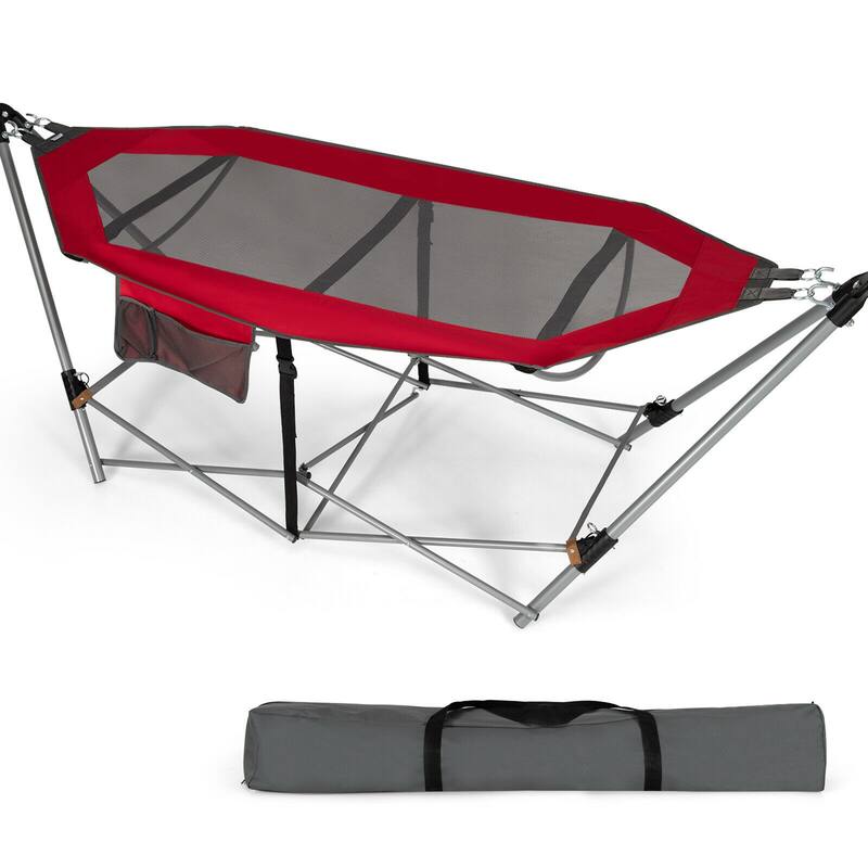 Gymax Folding Hammock Indoor & Outdoor Hammock with Side Pocket & Iron - Red