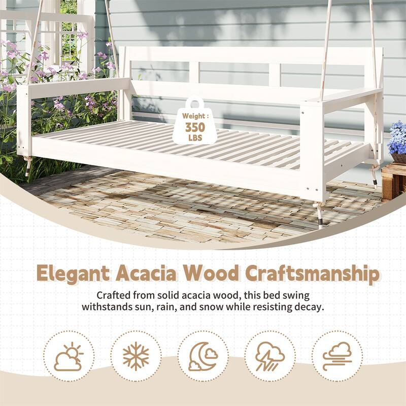Patio Wood Twin Size Swing Bench with Hanging Ropes(No Cushion,Pillow)