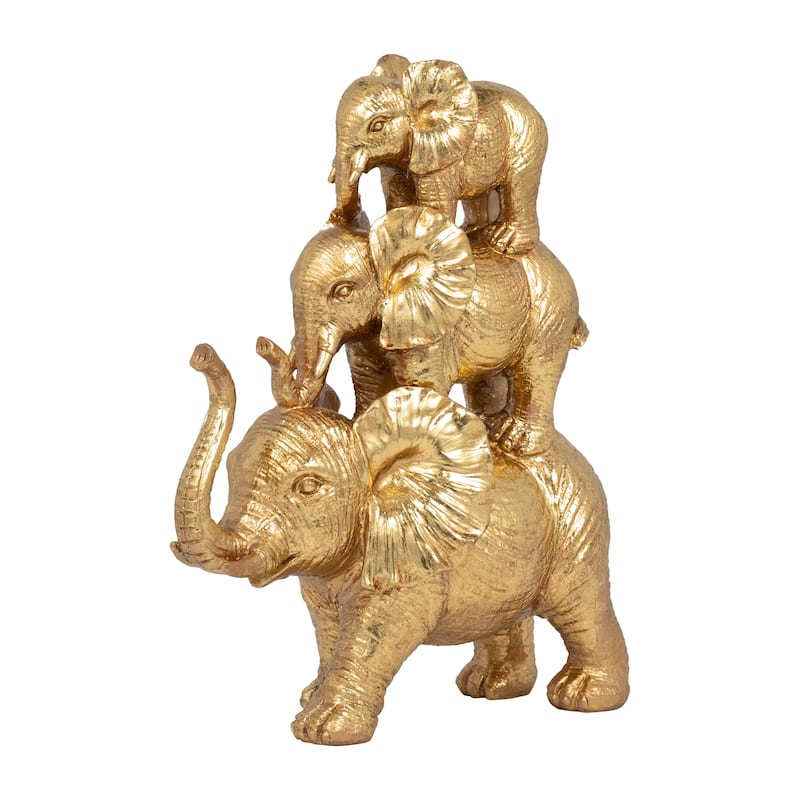 Resin Stacked Raised Trunk Elephants Figurine - Gold, 10"