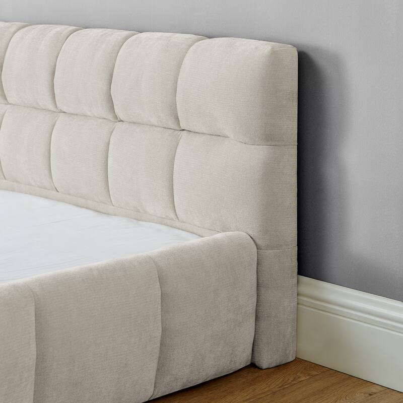 King size Upholstered Bed Frame with Thick Fabric, Chenille Fabric Grounded Queen Size Platform Bed with Headboard