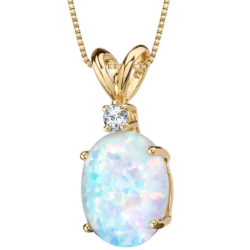 14k Yellow Gold Gold Oval Shape Created Opal Diamond Pendant