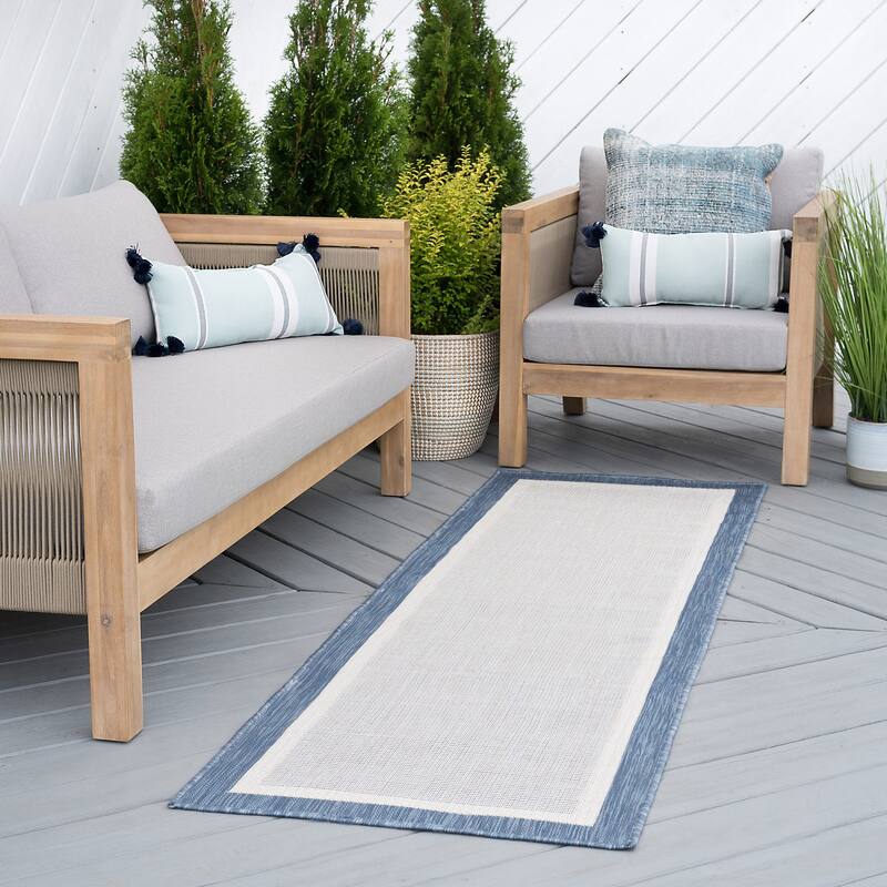 Exo Coastal Border Indoor/Outdoor Area Rug - 2'2'' x 7'3'' - Blue/Cream