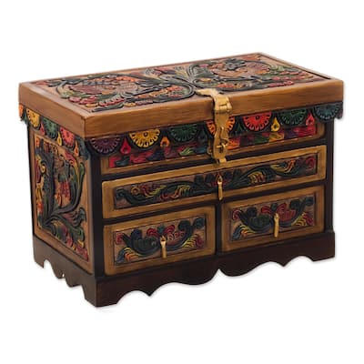 Novica Handmade Treasure Garden In Amber Leather And Wood Jewelry Box