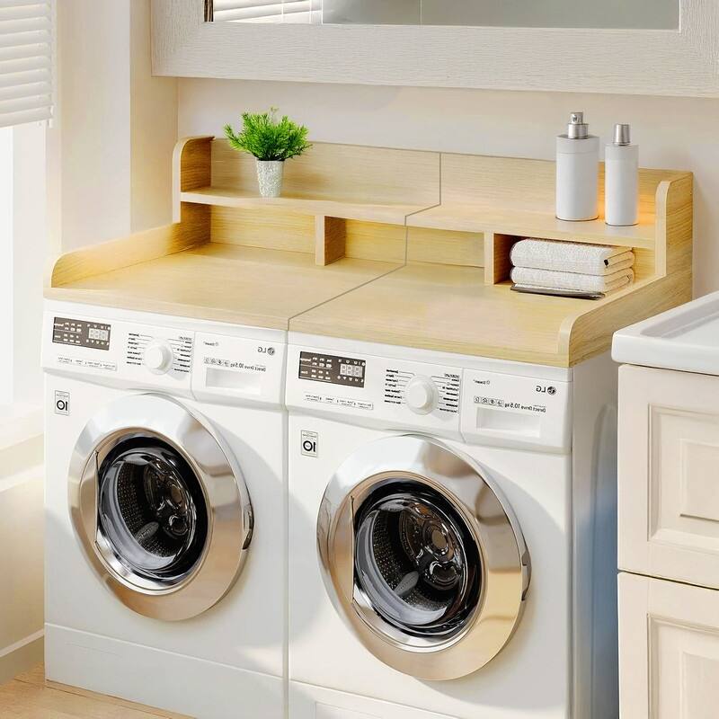 2-Tier Washer Dryer Countertop, 54" W x 27.5" D Laundry Countertop for Folding Clothes, Dual Storage & Edge Guard