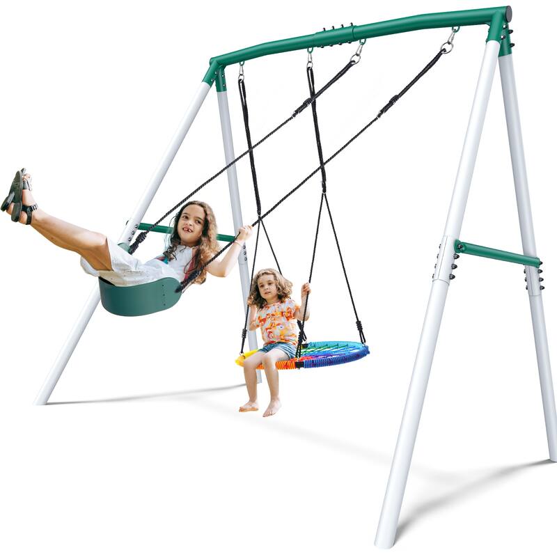 7.6' Heavy Duty Tall Swing Sets for Backyard for Kids with Spider Web Saucer Swing , Belt Swings