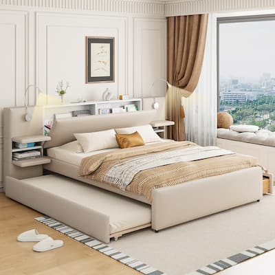 Queen Size Linen Upholstered Platform Bed with Headboard Lights and Shelves, Storage Bed Frame with Drawers and Trundle