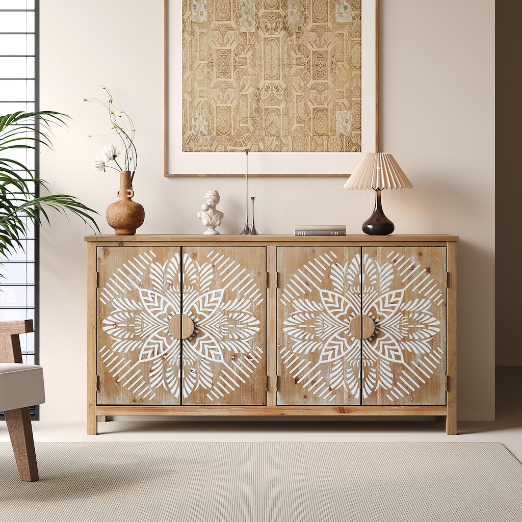 60" Wood Accent Cabinet with 4 Doors, Sideboard Buffet, Pantry Storage, Entryway Console Cabinet with Shelves