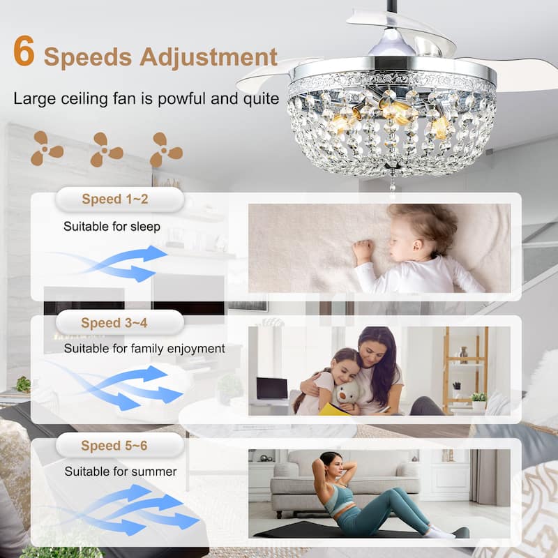 Bella Depot 42 Modern Crystal Retractable Ceiling Fan with Light and Remote - 42"
