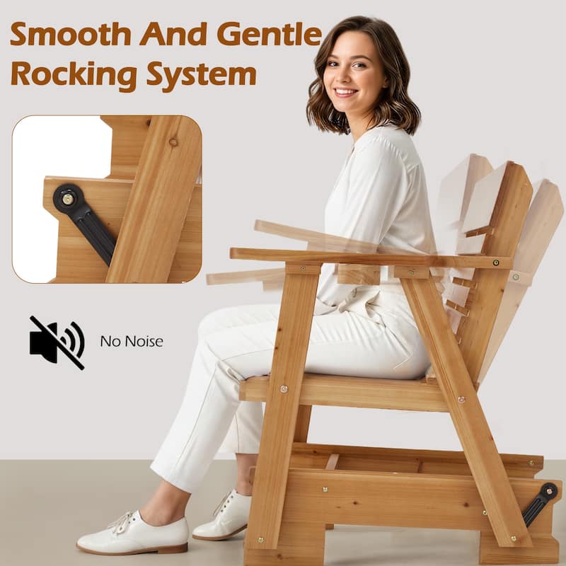 EROMMY Outdoor Wooden Glider Rocker Chair, High Backrest Patio Rocker with Cup Holders, Single & Double Options