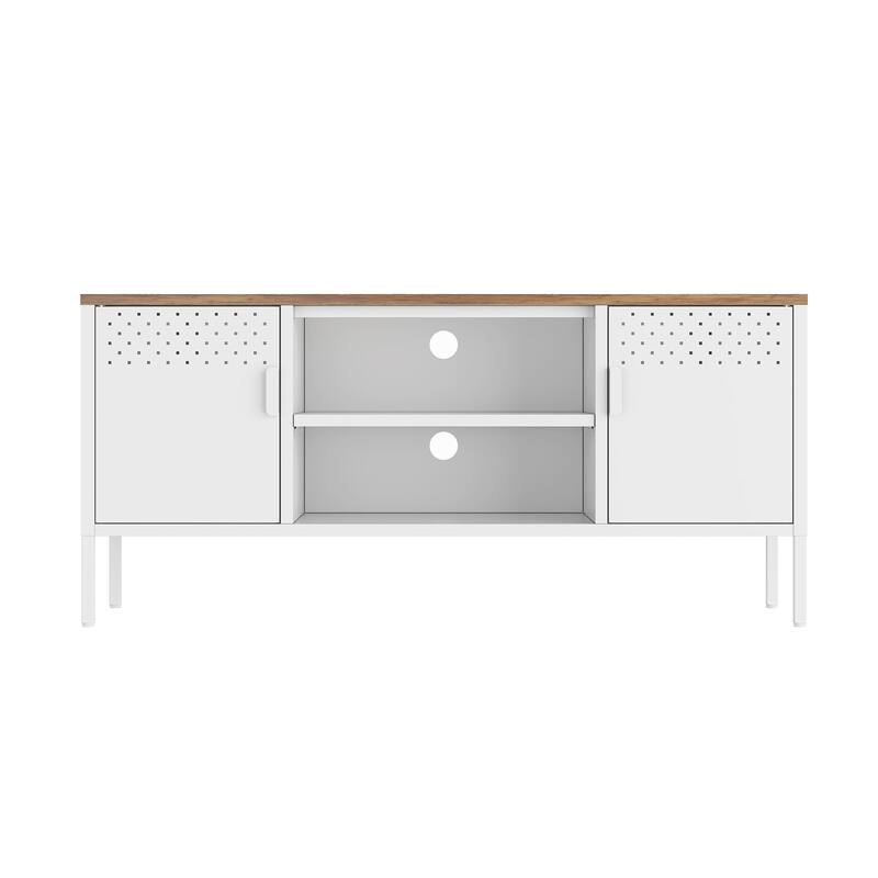 Metal Storage Cabinet with Wood Top and 6 Shelves for 40 Inch TV - White