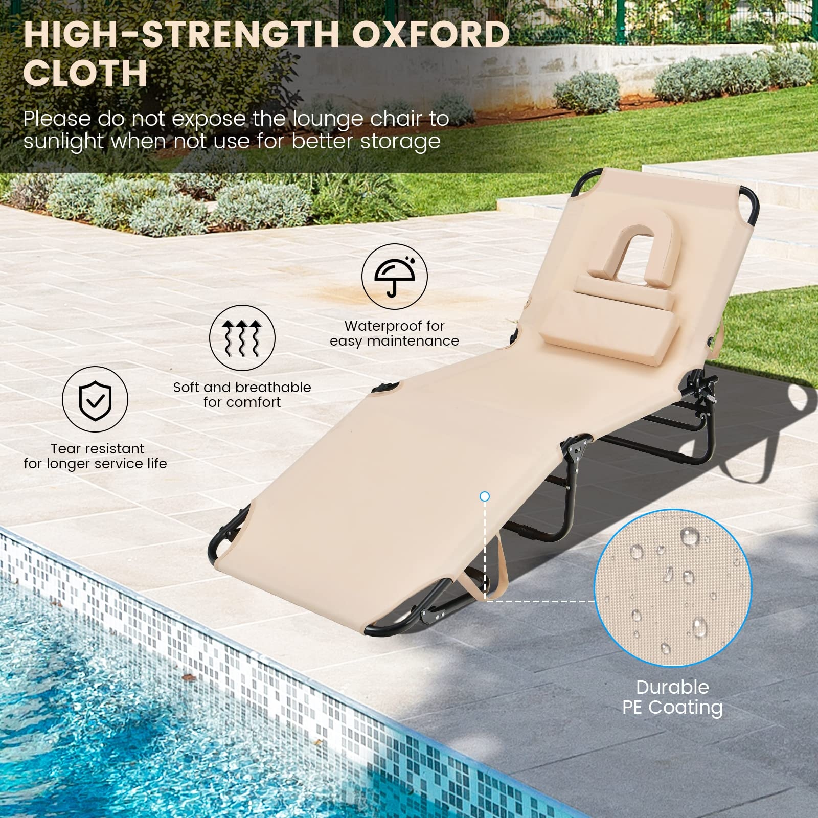 Tanning Chair 350lbs Beach Lounge Chair with Face Hole
