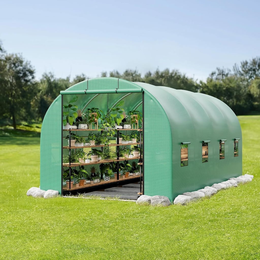 15x6.5x6.5FT Outdoor Walk-in Tunnel Greenhouse with 8 Ventilated Mesh Windows & Roll-Up Door