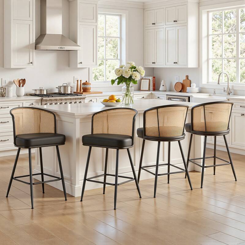 26"/29" Rattan Upholstered Bar Stool /Counter Stools Set of 2/3/4 - Set of 4 - PU-Black - Counter Height