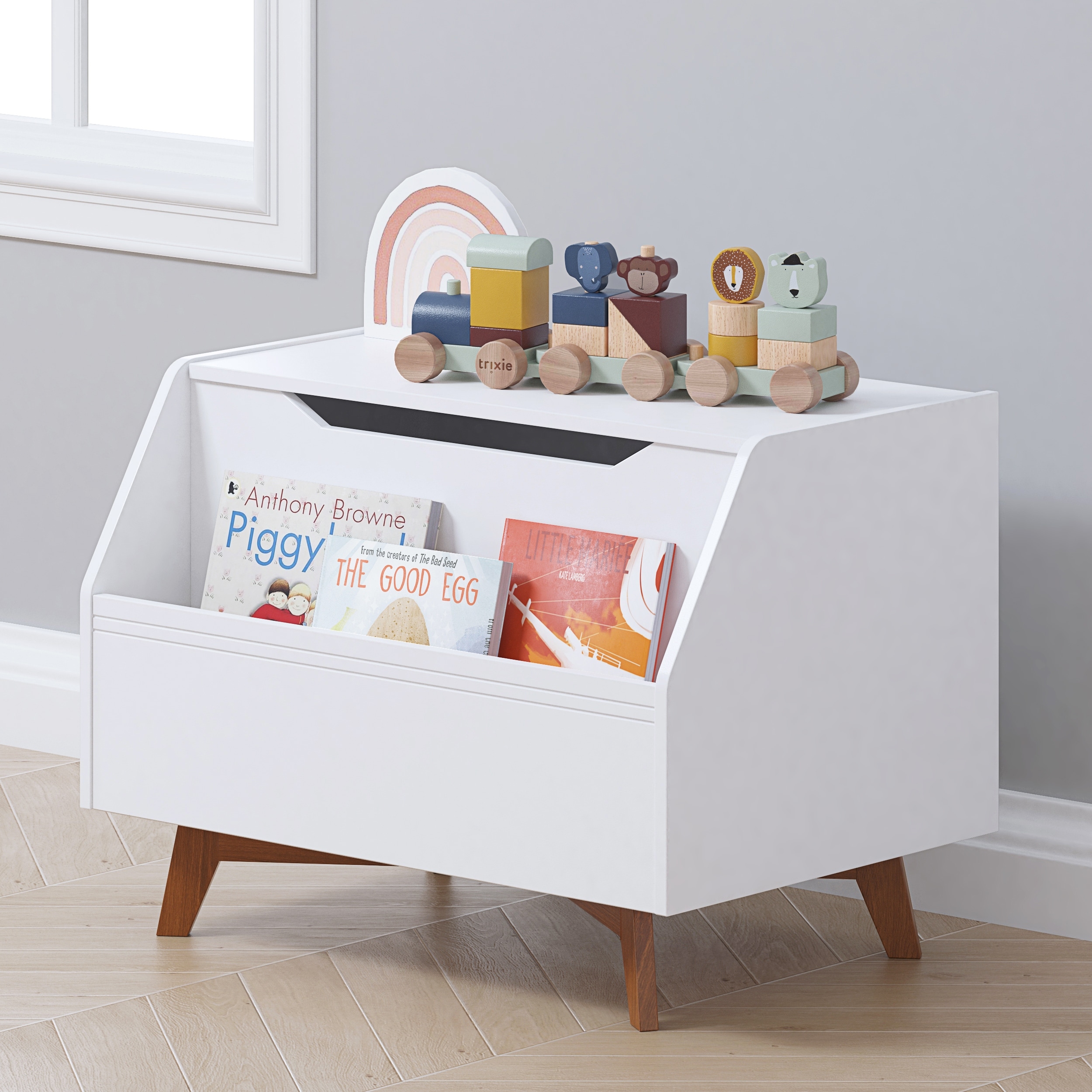 COSTARS White Wooden Kids Toy Chest and Storage Organizer Bench with Front Book Storage Area