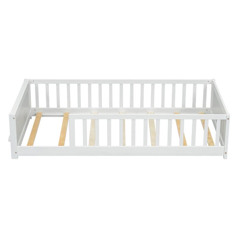 Twin Size Wood Floor Platform Bed with Built-in Book Storage Rack
