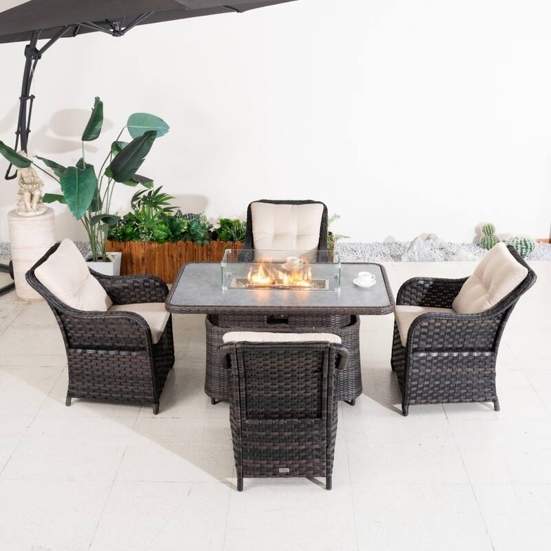 Outdoor Wicker Height-Adjustable Fire Pit Table Set with Rattan Chairs