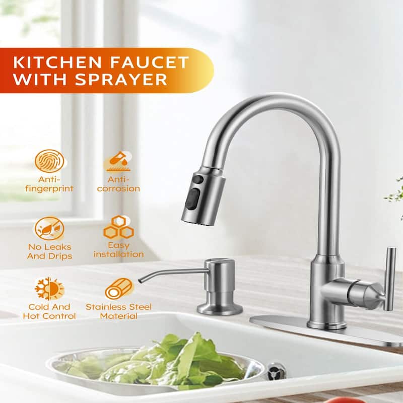 WOWOW Pull Down Sprayer Kitchen Faucet with Soap Dispenser