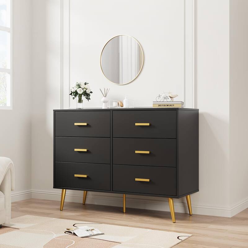 Modern Wooden 6 Drawer Dresser with Vintage Pattern Design