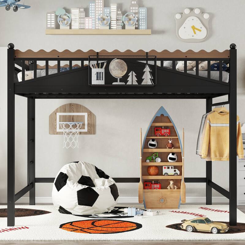 Modern Metal Loft Bed with Shelves & Bookshelf, Ladder Entry, No Box Spring Needed, Multi-Size