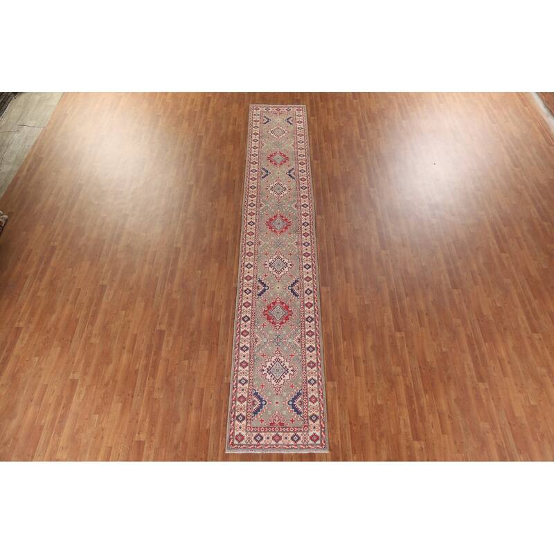 Hand Knotted Oriental 100% Wool Carpet Traditional Geometric Brown Kazak Runner Rug - 15' 11'' X 2' 8''