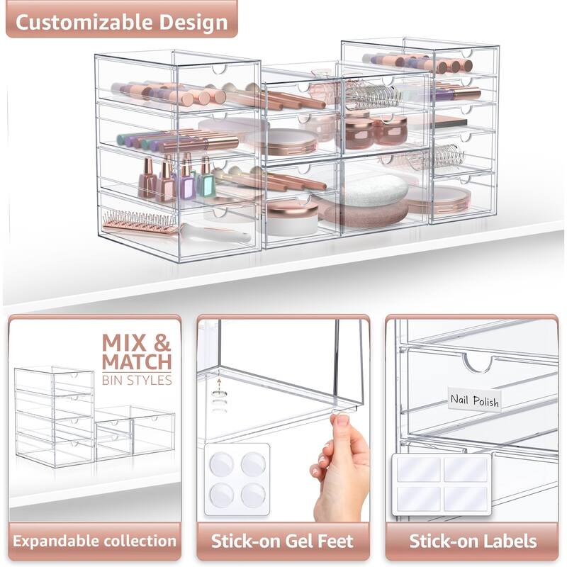Sorbus Acrylic Cosmetic Makeup Organizer 16 Drawers Clear Stackable Storage Bins For Jewelry And Office Supplies Organizer- 4Pc