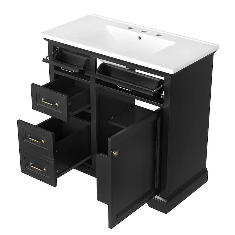 36 Inch Bathroom Vanity Ceramic Sink 4 Drawers Soft Close Door Metal Handles 8 Inch Faucet White