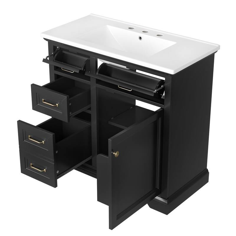 Roomfitters 36" Bathroom Vanity with Sink, Solid Wood Frame, 4 Drawers & Soft-Close Door with Built-in Racks, Black