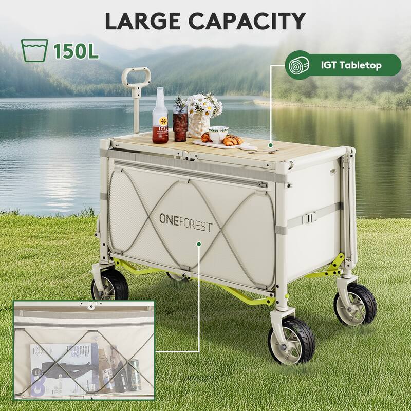 Foldable Camping Cart with Adjustable Handle, Bamboo Tabletop, Foldable storage, and Waterproof Oxford Canopy