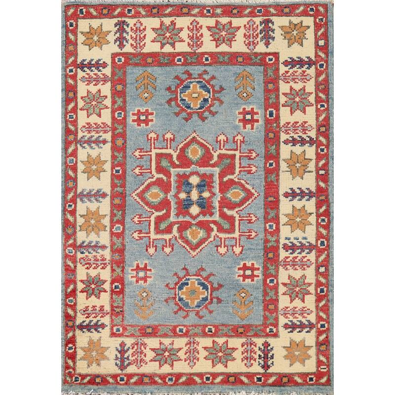 Light Blue Kazak Oriental Rug Hand-Knotted Wool Carpet - 2'0"x 3'0"