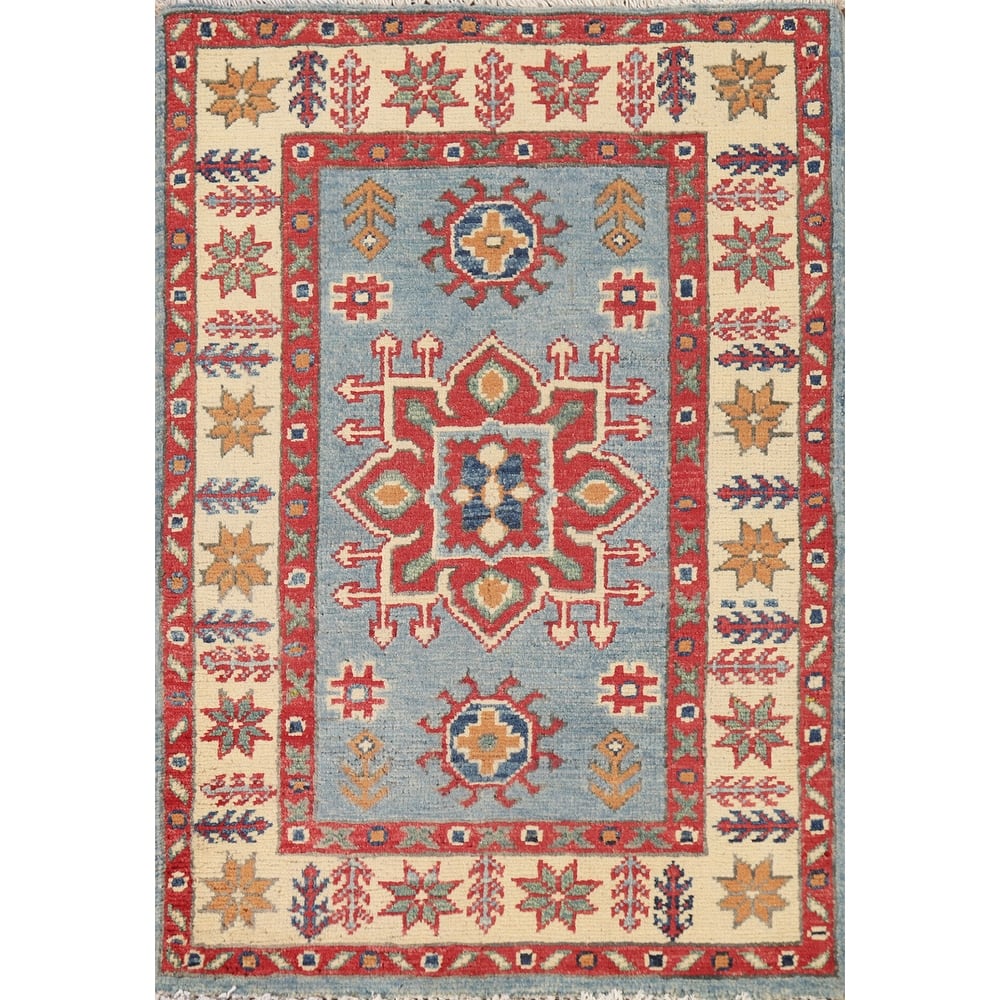 Light Blue Kazak Oriental Rug Hand-Knotted Wool Carpet - 2'0"x 3'0"