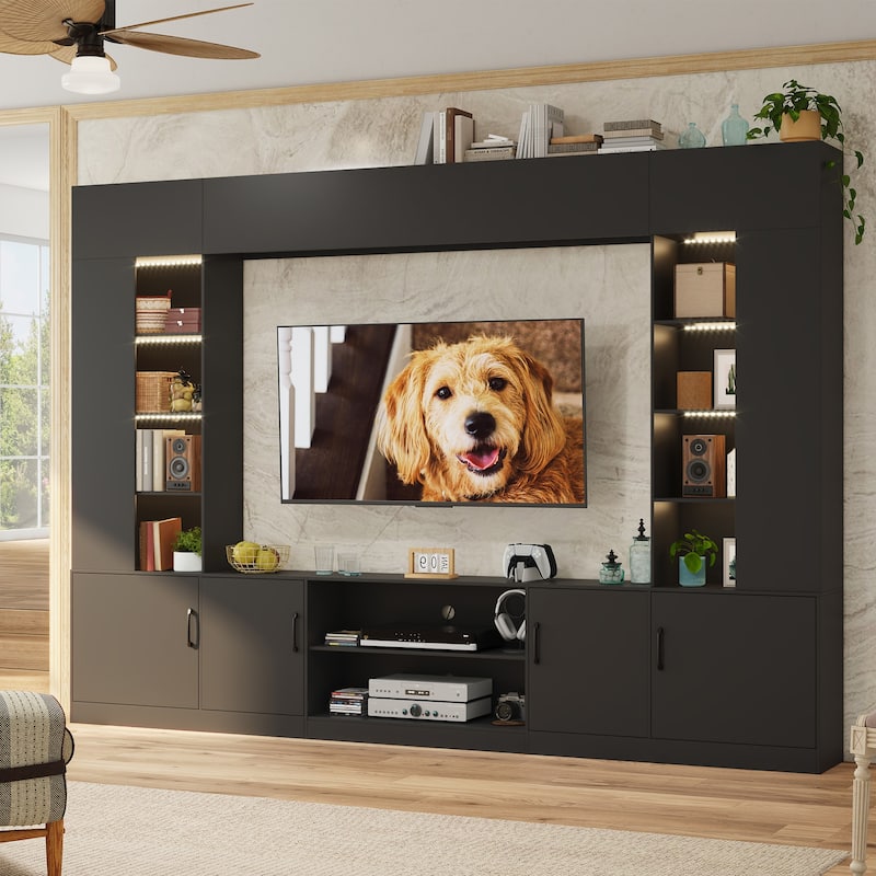 EROMMY 112" Wall Unit TV Stand with LED Lights, Bookshelves and Storage Cabinets for Living Room