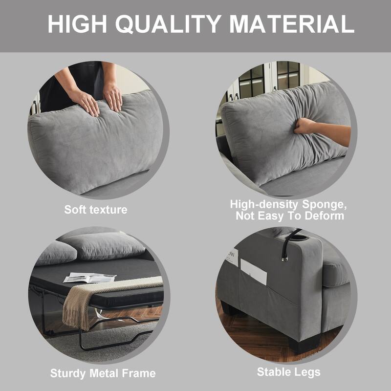 Pull-Out Queen Sofa Bed 73.63" with Memory Foam Mattress, Cup Holders, USB Ports, and Storage Pockets for Small Spaces