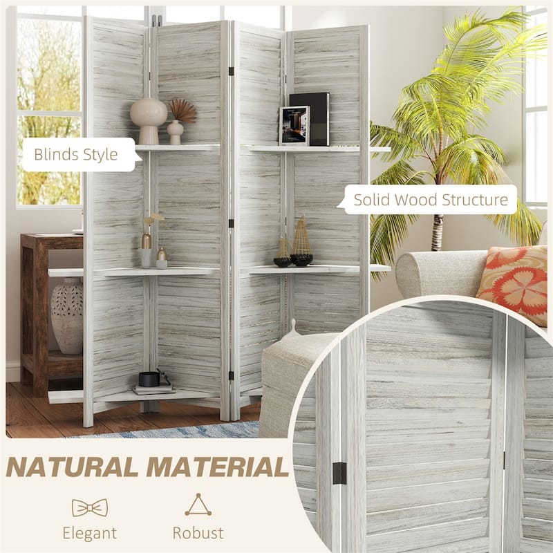 78.75" Wide 5-Panel Foldable Paulownia Wood Room Divider Screen with Built-In Shelves - 78.75" L x 67" H x 0.75" T