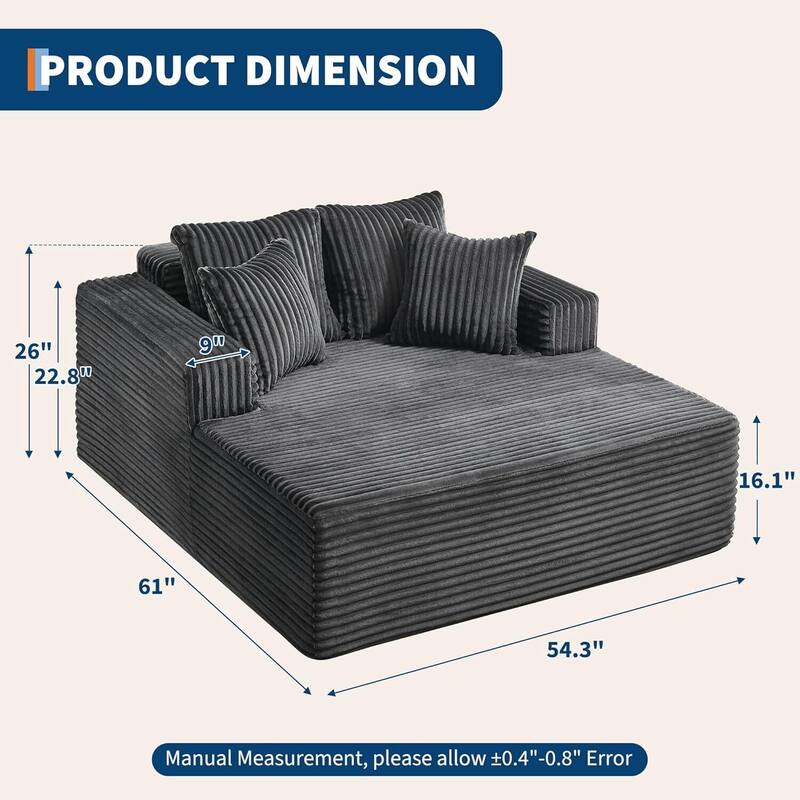 Oversized 2‑Person Chaise Lounge Chair, Sofa Bed with 4 Pillows