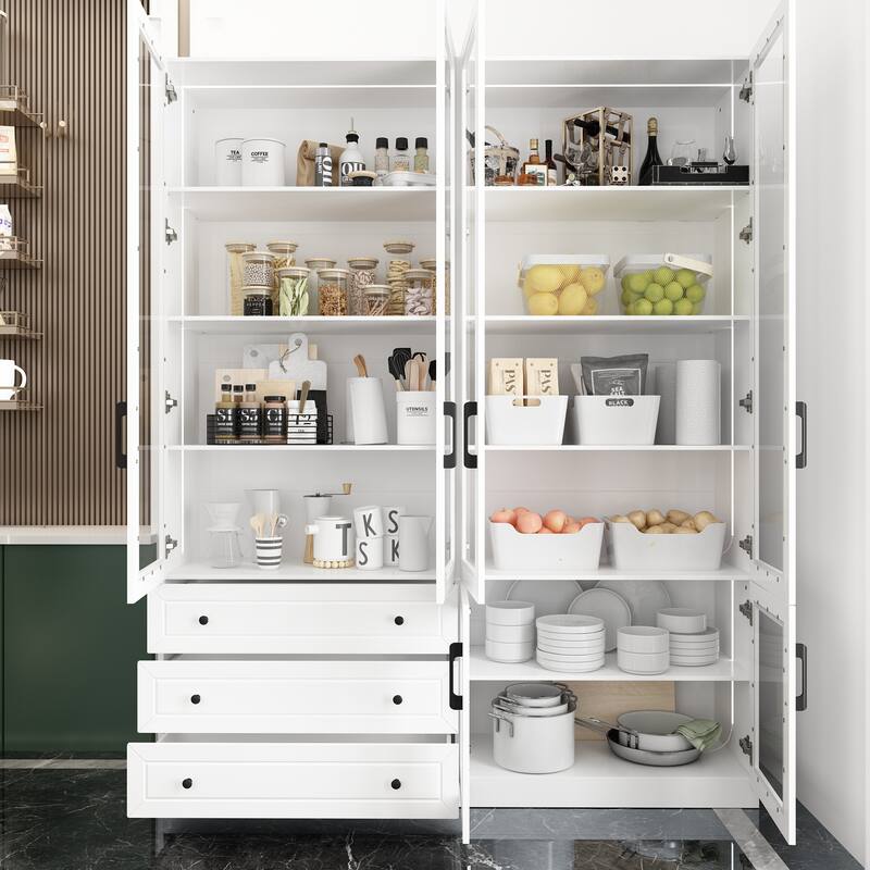 White Storage Solution with Ambient Light Features Pantry Bookshelves - 63"X78.7“