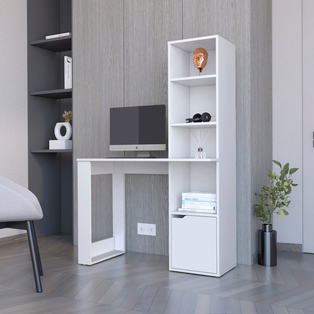 Peterson Computer Desk with 4-Tier Bookcase and 1-Door Cabinet White And Black